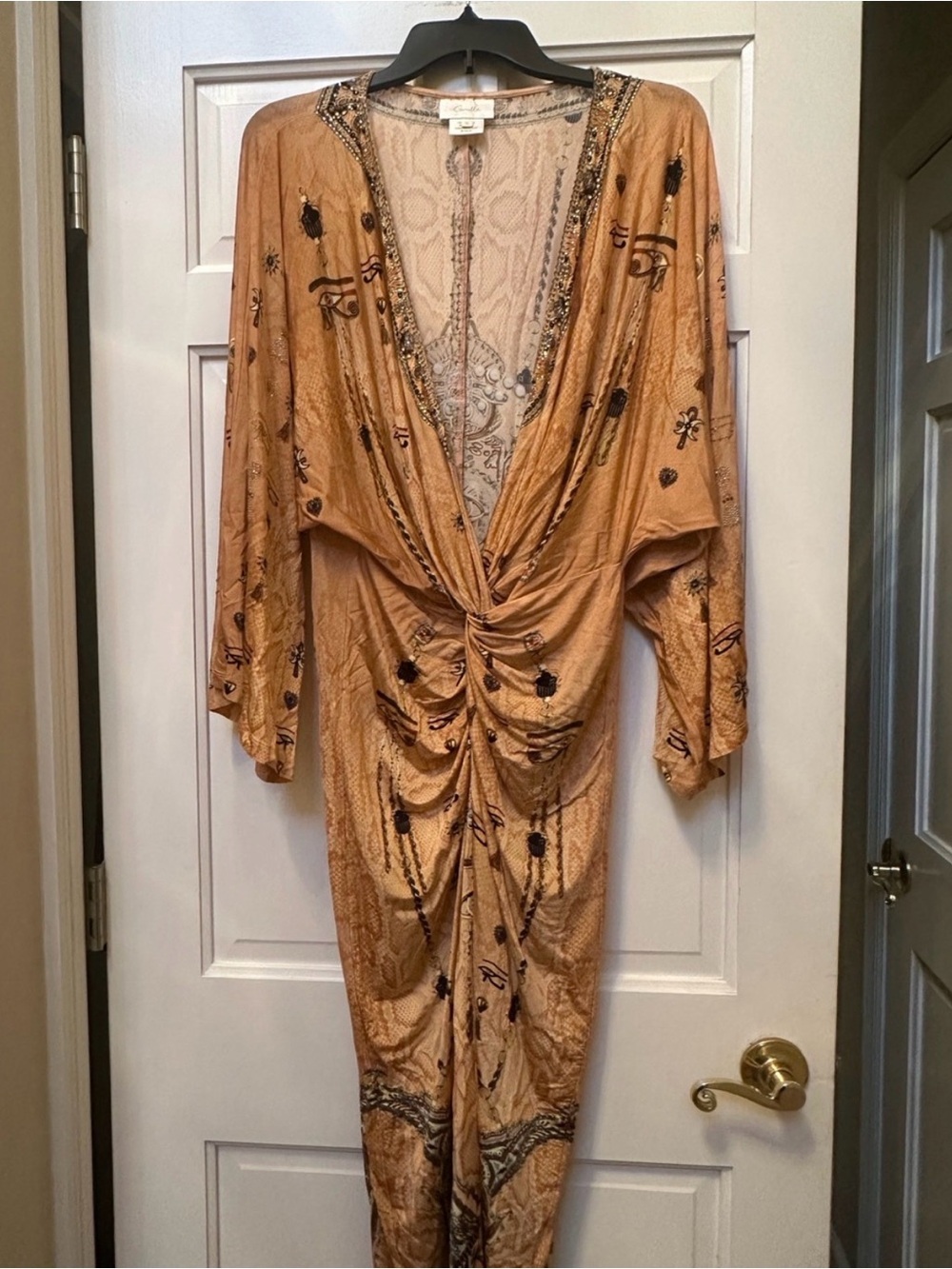 Camilla Boho Gold Ruched V-Neck Women’s Midi Dress